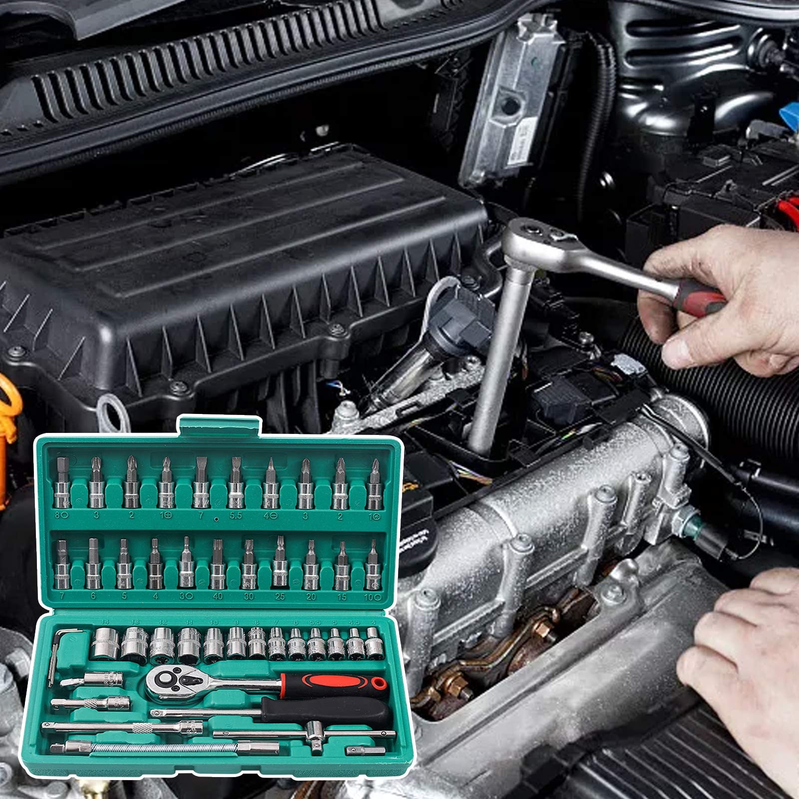 hengsof 46 Pieces 1/4 inch Drive Socket Ratchet Wrench Set with Bit Socket Set Metric and Extension Bar for Auto Repairing and Household with Storage Case