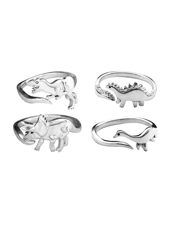 4PC Minimal Dinosaur Opening Ring, Cute Design Dainty Gift Band, Adjustable Size Fashion Jewelry, Whimsical Animal Theme Accessory
