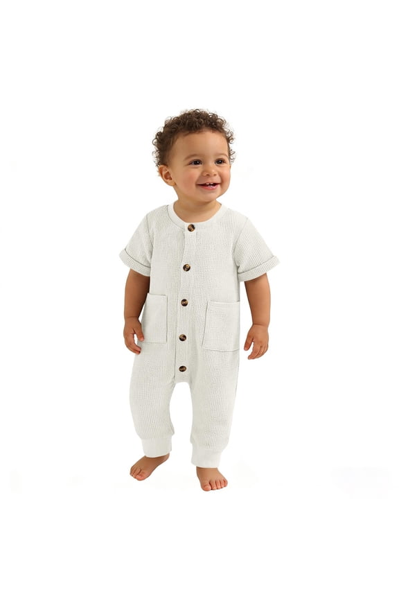 Babies Waffle Knit Short Sleeve Round Neck Pocket Romper Breathable One Piece Outfit Soft Play Suit Everyday Set Size 0-2 Years