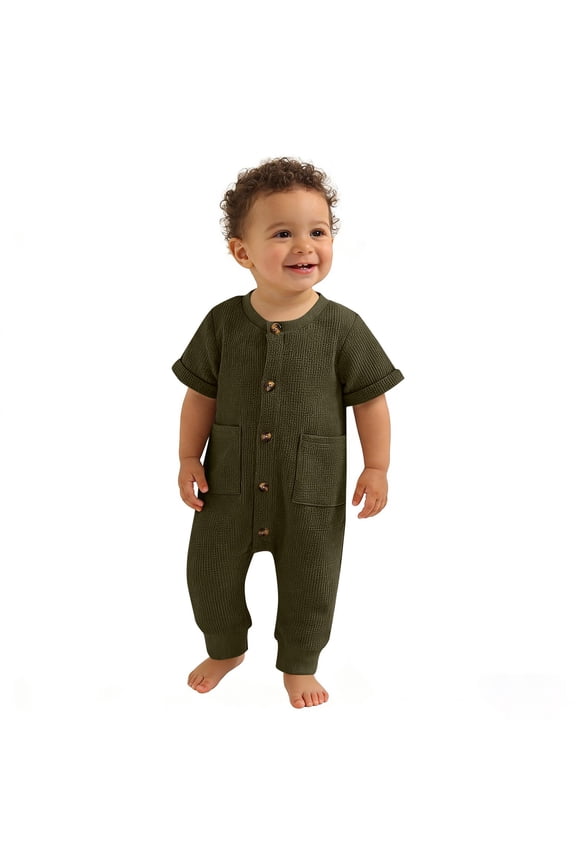 Babies Waffle Knit Short Sleeve Round Neck Pocket Romper Breathable One Piece Outfit Soft Play Suit Everyday Set Size 0-2 Years