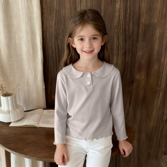 hengsof Baby Doll Collar Long-Sleeved Tops for Children of All Ages, Solid Color Bottoming Button-Down Shirts, Casual Loose Thin Pullovers