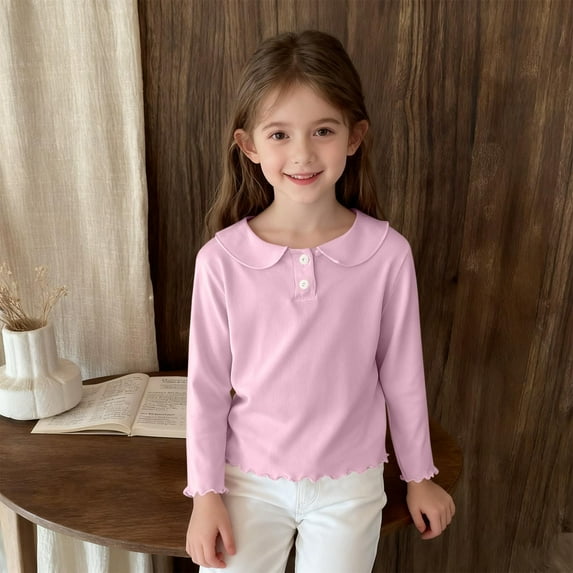 hengsof Baby Doll Collar Long-Sleeved Tops for Children of All Ages, Solid Color Bottoming Button-Down Shirts, Casual Loose Thin Pullovers