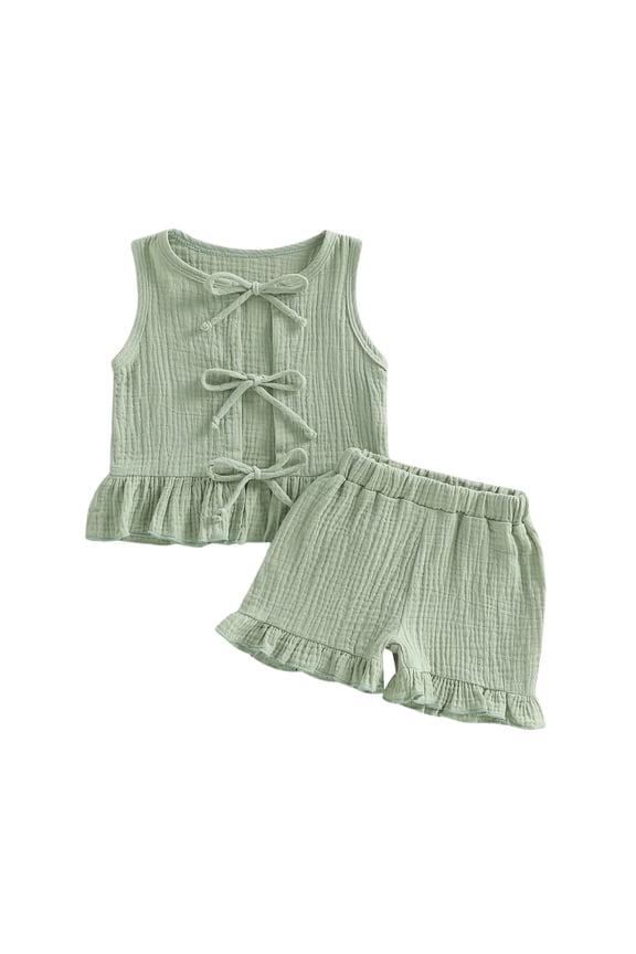 Baby Girl Cotton 2 Piece Set for 6 Months to 4 Years Sleeveless Round Neck Sweet Tie Detail Bow Top Shorts Outfit Soft Comfy Play Clothes