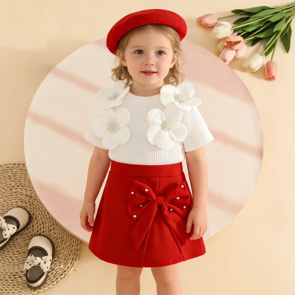 hengsof Baby Girl Three Piece Set Beret 3D Floral Short Sleeve Top Bow Skirt Set Cute Casual Round Neck Summer Outfit Suitable for Ages 0–3 Years