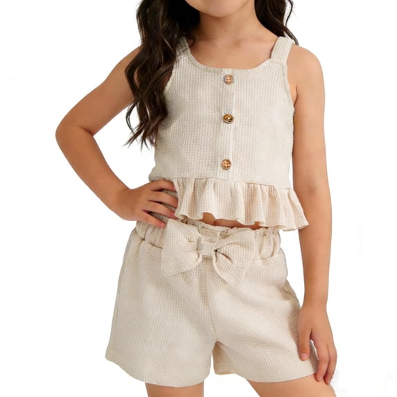 hengsof Baby Girl's Solid Color Camisole Top and Shorts Two Piece Set Sweet Ruffled Button Vest Round Neck Top Bow Shorts Casual Summer Suit Suitable for Toddlers Aged 0-4
