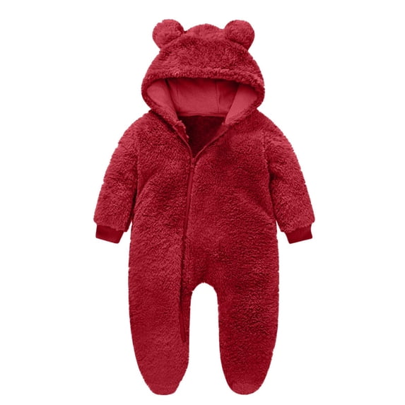 hengsof Baby Snowsuit Bear Ear Hooded Solid Color Jumpsuit Open-Flap Fleece Romper Zipper Winter Long Sleeve Coat Outfits