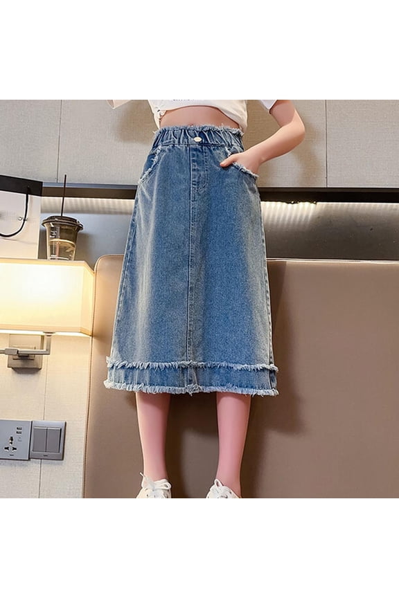 Big Girls Denim Midi Skirt, Solid Color Hem Casual A-Line Skirt Vintage Style Skirt for Summer Ages 4 to 15 Years
