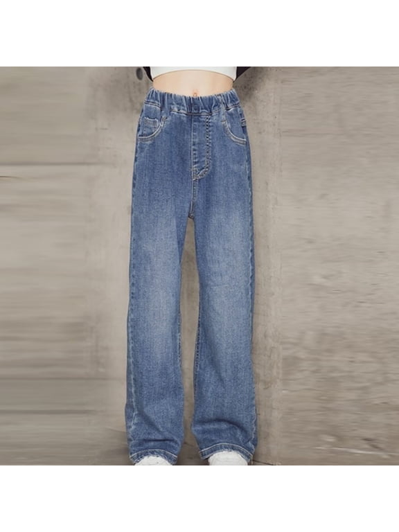 Big Girls Minimalist Pocket Wide Leg Jeans, Fashion Straight Leg Everyday Pants for Simple Style, Ages 5 to 15 Years