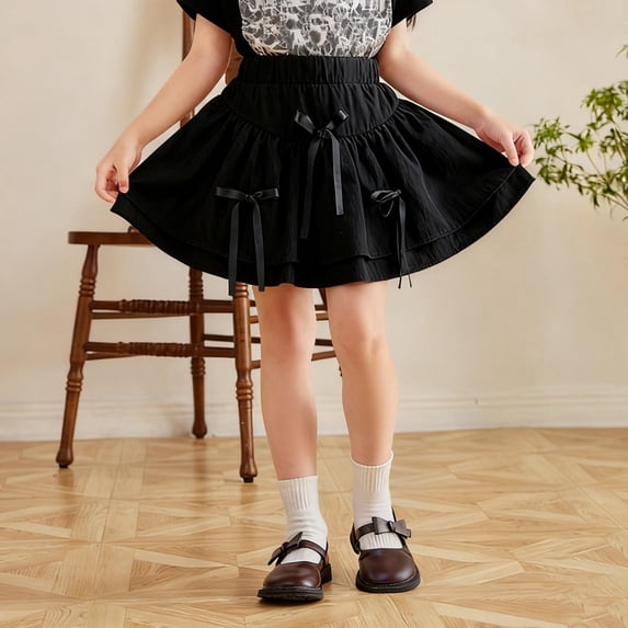 hengsof Bow Accent Tiered Mini Skirt for Girls, Flared Party Skirt with Elastic Waist, Sweet Style Dance Skirt for Performances, Size 3-14 Years
