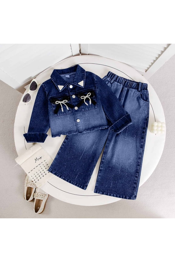 Bow Distressed Denim Jacket Relaxed Fit Pants Set Washed Grey Two Piece Outfit for Kids Stylish Casual Set Size 2-10 Years