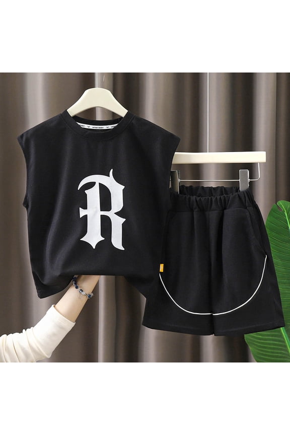 Boys 2 Piece Fashion Suit Summer Simple Letter Printed Sleeveless Round Neck Tank Top Elastic Waist Shorts Kids Sports Suit