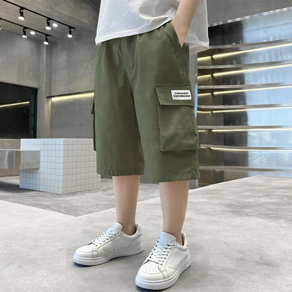 hengsof Boys' Cargo Shorts, Fashionable Cotton Thin Solid Color Elastic Waist Pocket Summer Sports Shorts, Sizes 4-14 Years