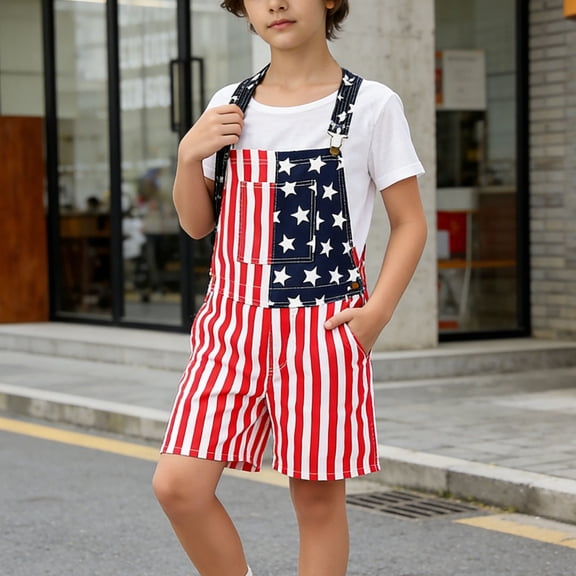 hengsof Boys Denim Bib Shorts Fashion Independence Day Flag Print Cargo Overalls Casual Summer Suspenders Shorts Set with Pockets for Kids Ages 5-13