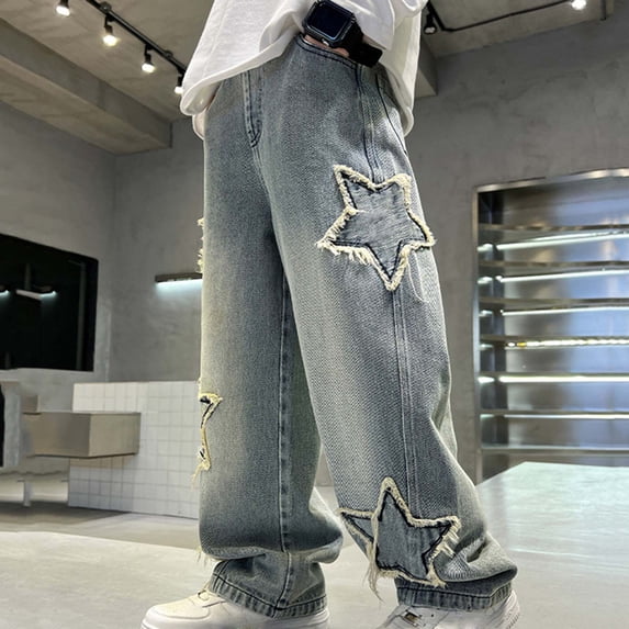 hengsof Boys' Fashionable Star Loose Comfortable Jeans Retro Straight Leg Wide Leg Jeans for Children Aged 4-15 with Pockets