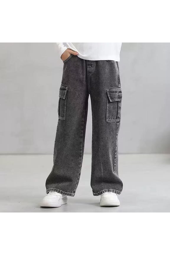 Boys Girls Casual Jeans Solid Color Elastic Waist Cargo Pocket Denim Pants Loose Fit Comfortable Trousers for 2-12 Years Old