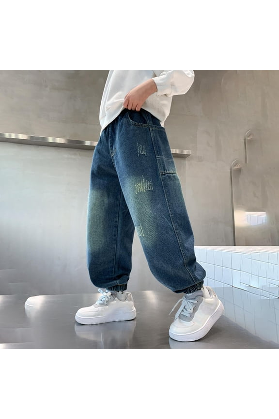 Boys Girls Relaxed Fit Denim Jeans for 5-15 Years, Solid Color Wide Leg Casual Pants with Pockets, Everyday Comfortable Bottoms