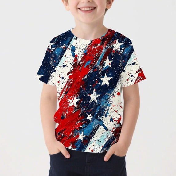 hengsof Boys Independence Day T-Shirt Short Sleeve Crewneck Fashion Print Graphic Tee Summer Casual Comfort Top for Kids Ages 3-15