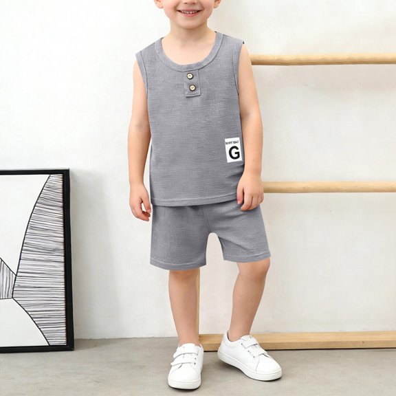 hengsof Boys Kids Summer Tank Top and Shorts Set, 2 Piece Set, Stylish Sleeveless Crew Neck Button Letter Print Top Elastic Waist Shorts Casual Outfit