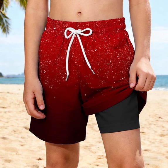 hengsof Boys' Summer Printed Beach Swim Trunks Stylish Double Layered Comfortable Drawstring Elastic Waistband Beach Sports Casual Shorts with Pockets