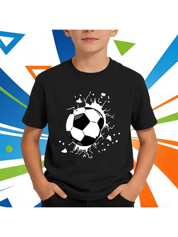 Boys' Summer Soccer Pattern Print Crew Neck Short Sleeve Casual T-Shirt Stylish Children's Everyday Top
