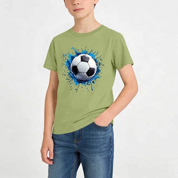 hengsof Boys' Summer Soccer Pattern Print Crew Neck Short Sleeve Casual T-Shirt Stylish Children's Everyday Top