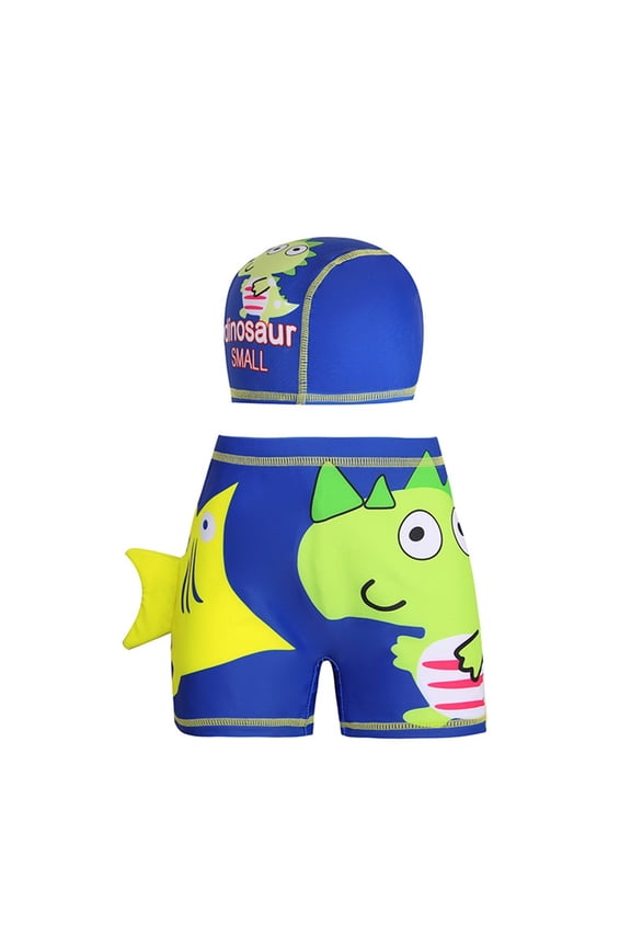 Boys' Two Piece Elastic Waist Swimming Trunks Swimming Cap Set, Fashionable Printed Boxer Swimming Trunks Swimming Cap Set, Suitable for The Beach