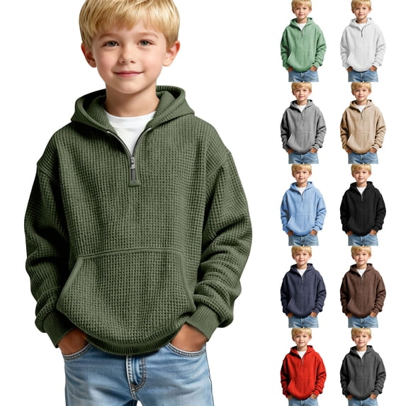 hengsof Boys' Waffle Knit Hoodie, Long Sleeve Solid Color Pullover, Fall Winter Casual Sweatshirt with Pockets