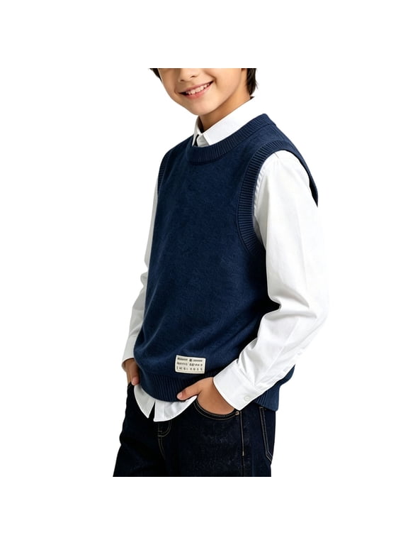 Boys and Girls Sweater Vest Crew Neck Sleeveless Fall Winter Cable Tops Knitted Pullover Vest 3-15Y