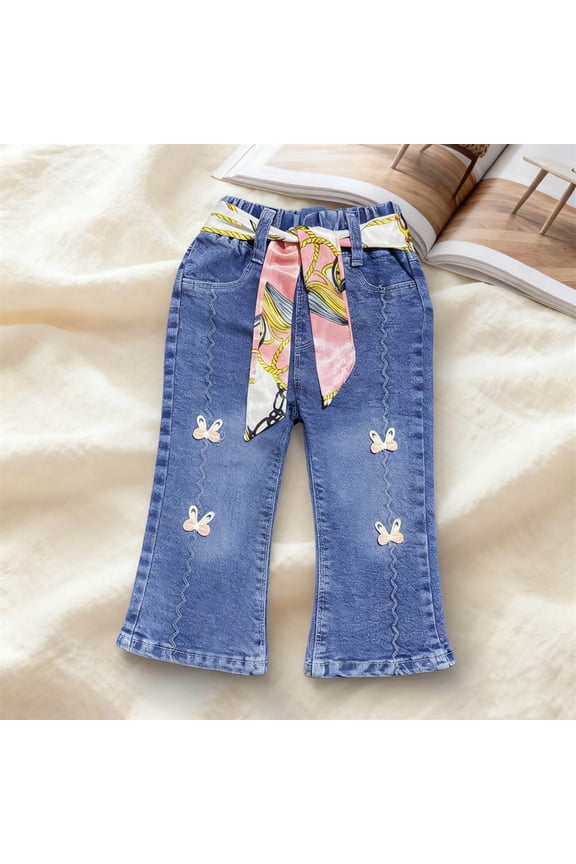 Bunny Ear Design Flare Leg Jeans for Girls, Stretch Denim Bootcut Pants, Elastic Waist Comfort Trousers for Seasonal Wear, Size 2-8 Years