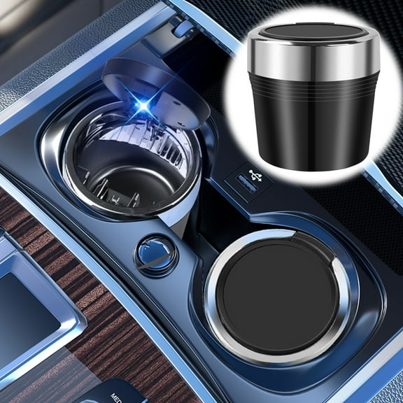 hengsof Car Ashtray with Lid, Detachable Stainless Smokeless Auto Ashtray, Portable Mini Vehicle Trash Can with LED Blue Light, Universal Interior Accessories for Cup Holder