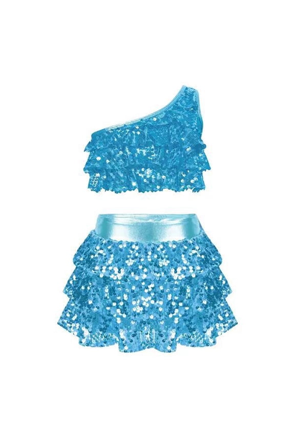 Children Girls Shiny Sequin Multi Layered Ruffle Skirt Metallic Jazz Latin Dance Performance Costume Fashionable Casual Vest Top Skirt Two Piece Set