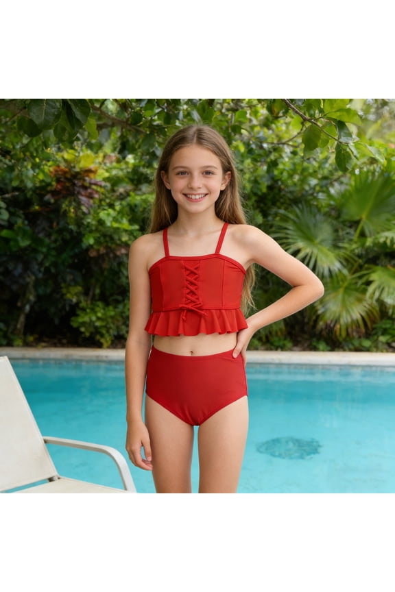 Children Girls Two Piece Bikini Set Fashionable Solid Color Pleated Suspender Swimsuit Children's Cute Lace Swimsuit Seaside Beach Split Swimsuit