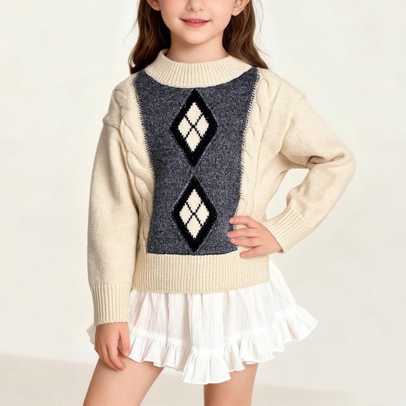 hengsof Children'S Diamond Pattern Preppy Sweater, Knitted Pullover Long Sleeve Classic Warm Top, Soft Color Block Knitted Top