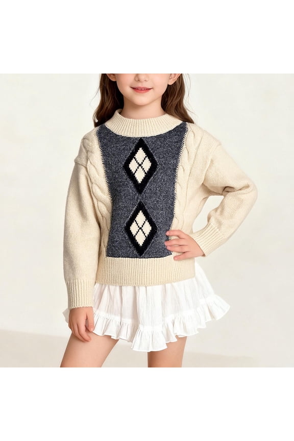 Children'S Diamond Pattern Preppy Sweater, Knitted Pullover Long Sleeve Classic Warm Top, Soft Color Block Knitted Top