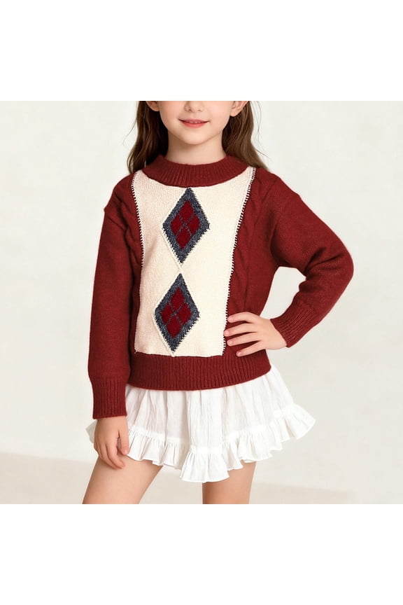 Children'S Diamond Pattern Preppy Sweater, Knitted Pullover Long Sleeve Classic Warm Top, Soft Color Block Knitted Top