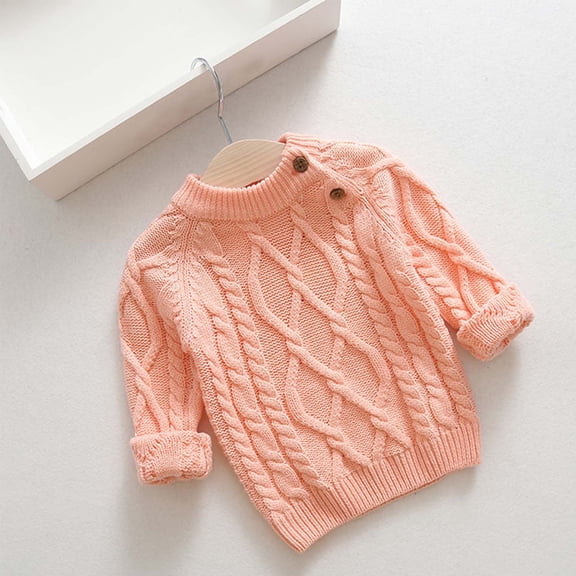 hengsof Children'S Solid Color Long-Sleeved Knitted Cardigan, Floral Pattern Sweater, Crew Neck Button-Front Sweater