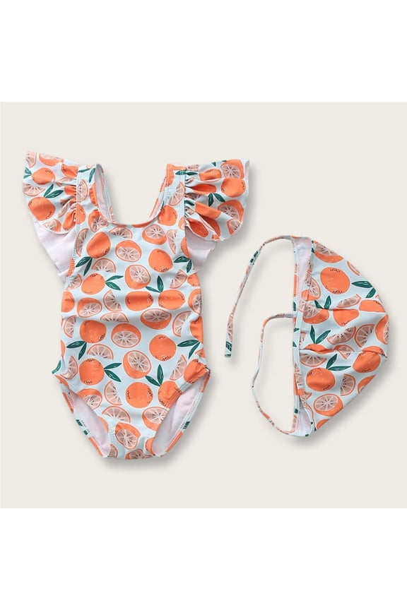 Children Toddlers Summer One Piece Swimsuit Cute Printed Pattern Swimsuit Swimming Cap Two Piece Set Sweet Ruffled Swimsuit Children's Seaside Beach One Piece Swimsuit