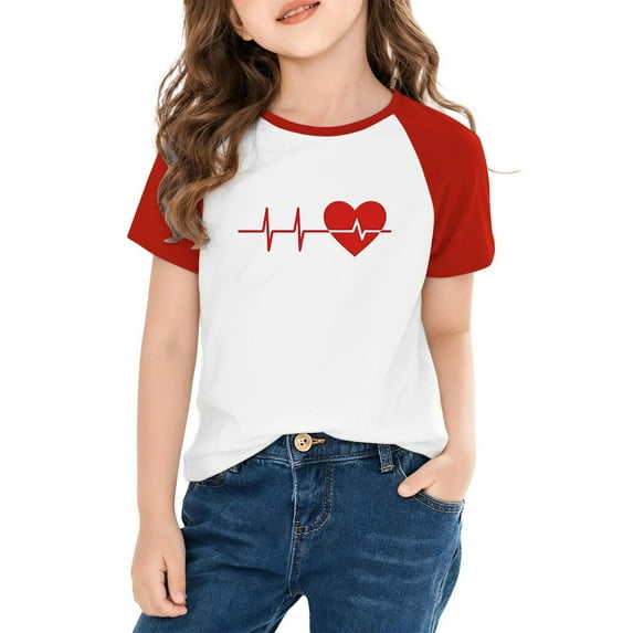 hengsof Children and Girls Clothing Love Printed Short Sleeve Round Neck Tops Color Block Tops