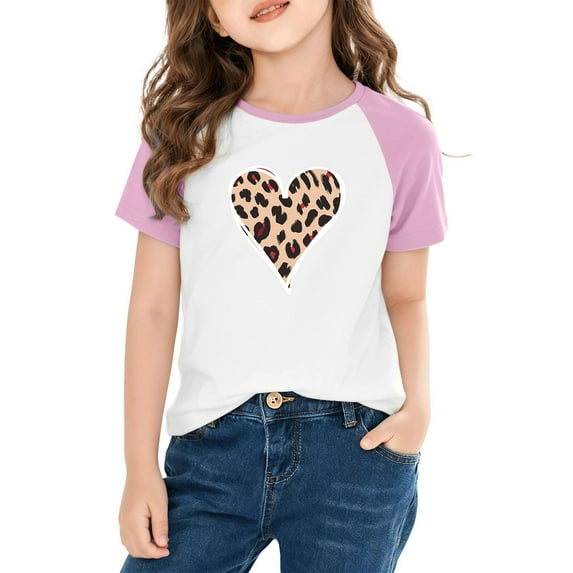 hengsof Children and Girls Clothing Love Printed Short Sleeve Round Neck Tops Color Block Tops