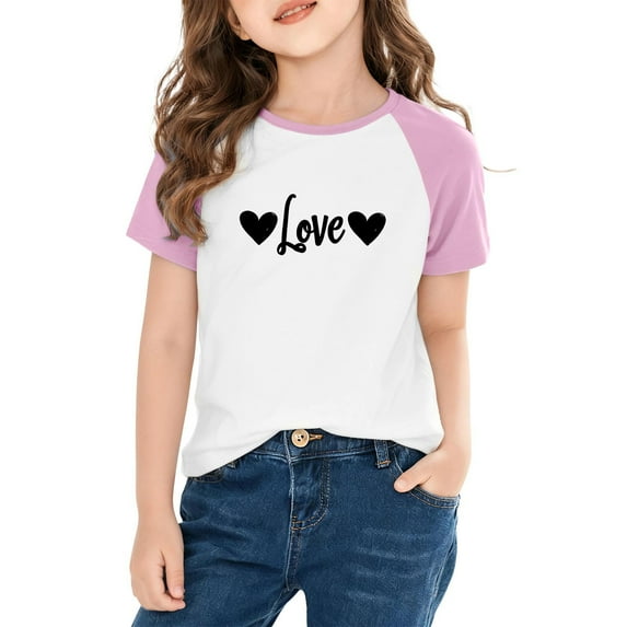 hengsof Children and Girls Clothing Love Printed Short Sleeve Round Neck Tops Color Block Tops