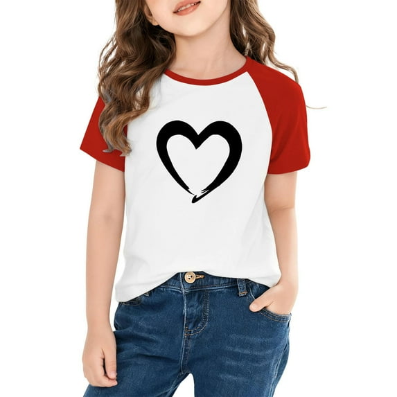 hengsof Children and Girls Clothing Love Printed Short Sleeve Round Neck Tops Color Block Tops