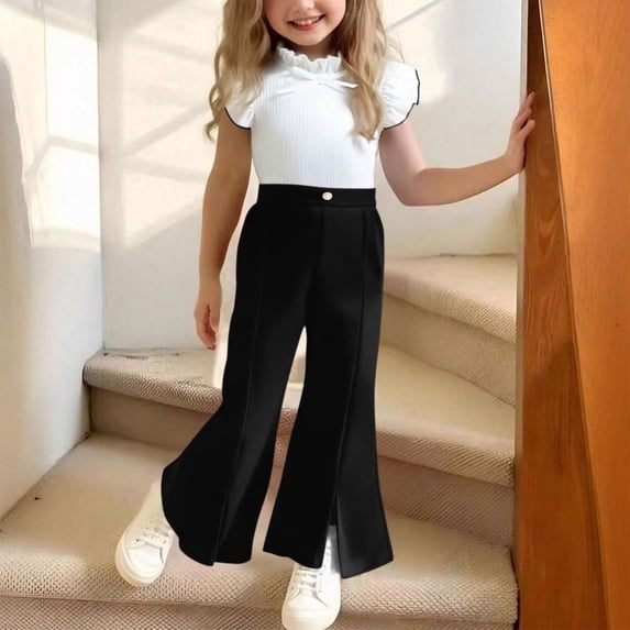 hengsof Children's 2 Piece Set Cute Top with Ruffled Sleeves Bow Solid Color Flared Pants Summer Casual Stylish Set
