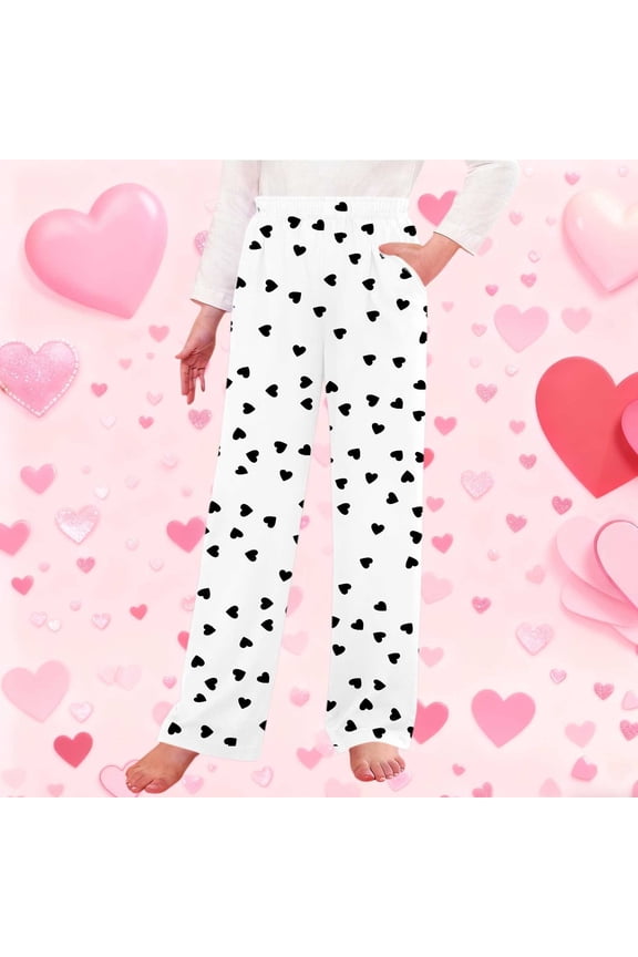 Children's Casual Loungewear with Heart Print Long Johns Elastic Waistband Pockets Wide Leg Pants