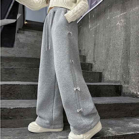 hengsof Children's Casual Pants for Girls Cute Bow Wide Leg Sweatpants with Drawstring Waist Straight Leg Loose Trousers Sweet and Comfortable