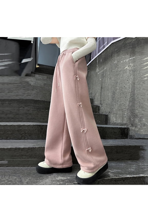 Children's Casual Pants for Girls Cute Bow Wide Leg Sweatpants with Drawstring Waist Straight Leg Loose Trousers Sweet and Comfortable