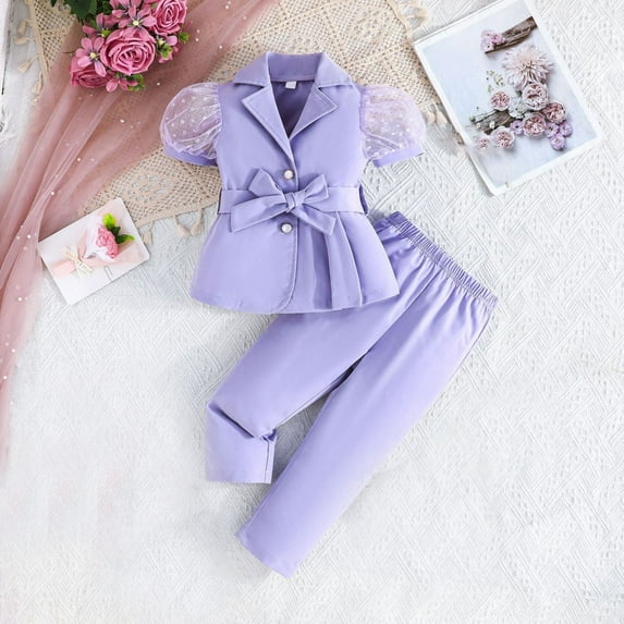 hengsof Children's Clothing Set Short Sleeve Bow Button Top Shorts Summer Set Cute Children's Clothing Suit Jacket Trousers Set 2PC