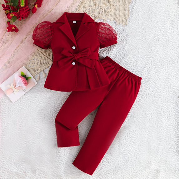 hengsof Children's Clothing Set Short Sleeve Bow Button Top Shorts Summer Set Cute Children's Clothing Suit Jacket Trousers Set 2PC