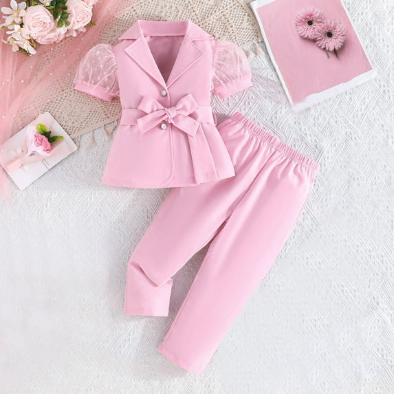 hengsof Children's Clothing Set Short Sleeve Bow Button Top Shorts Summer Set Cute Children's Clothing Suit Jacket Trousers Set 2PC