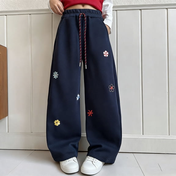 hengsof Children's Cute Casual Pants Embroidered Flower Sweatpants Elastic Drawstring Unisex Wide Leg Pants Fashionable Sweatpants with Pockets