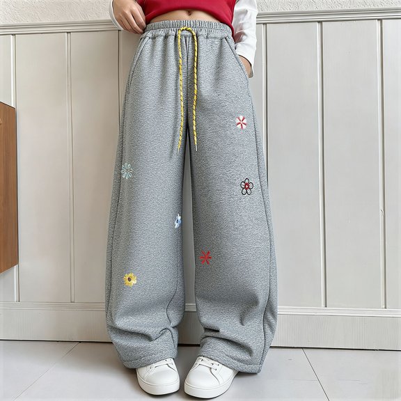 hengsof Children's Cute Casual Pants Embroidered Flower Sweatpants Elastic Drawstring Unisex Wide Leg Pants Fashionable Sweatpants with Pockets